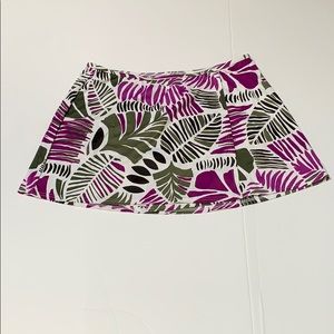 Lands' End White Swim Skirt with Purple and Olive Leaf Print